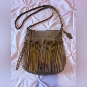 Roots leather fringe bag